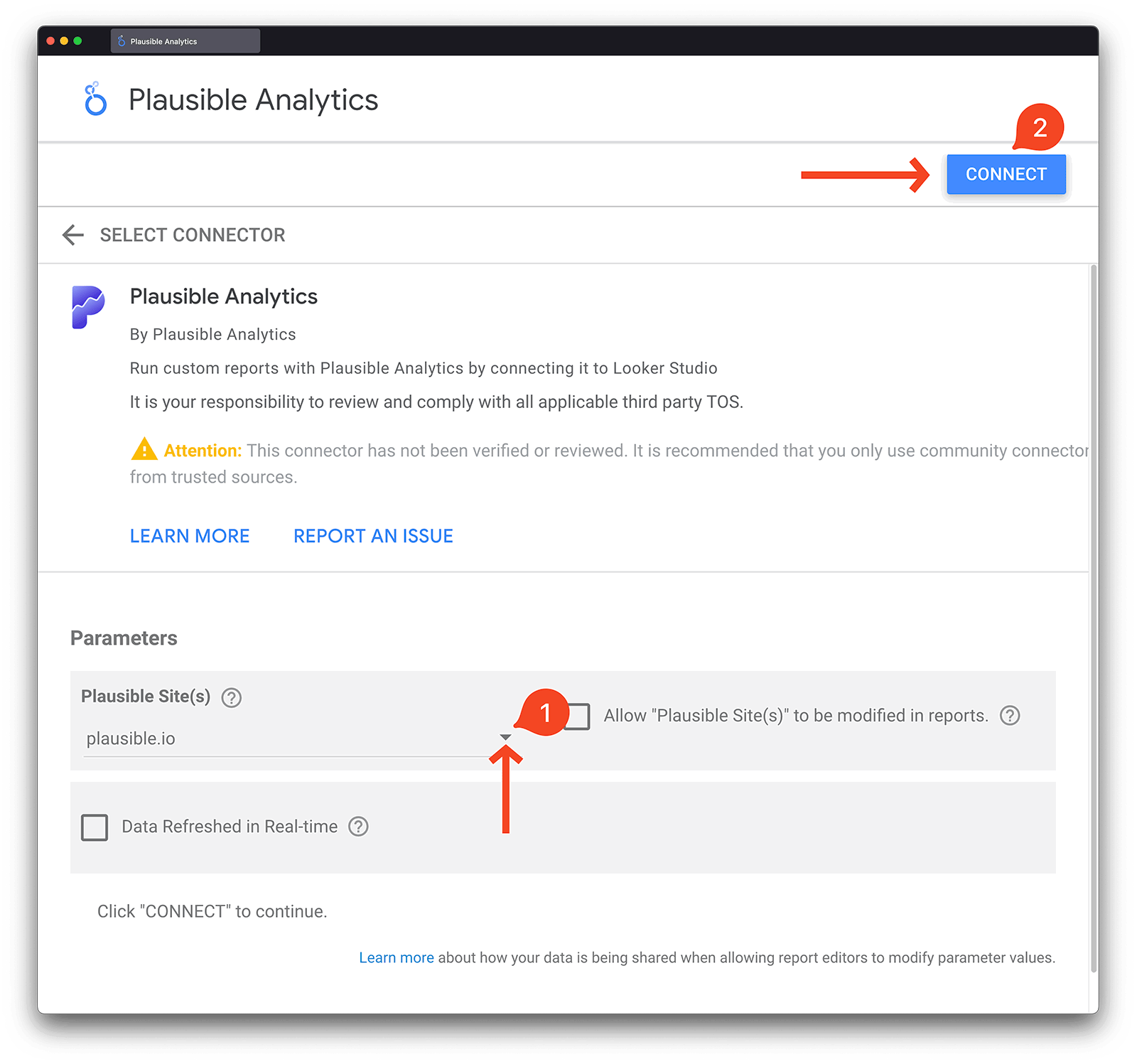 Configure the Plausible Looker Studio connector